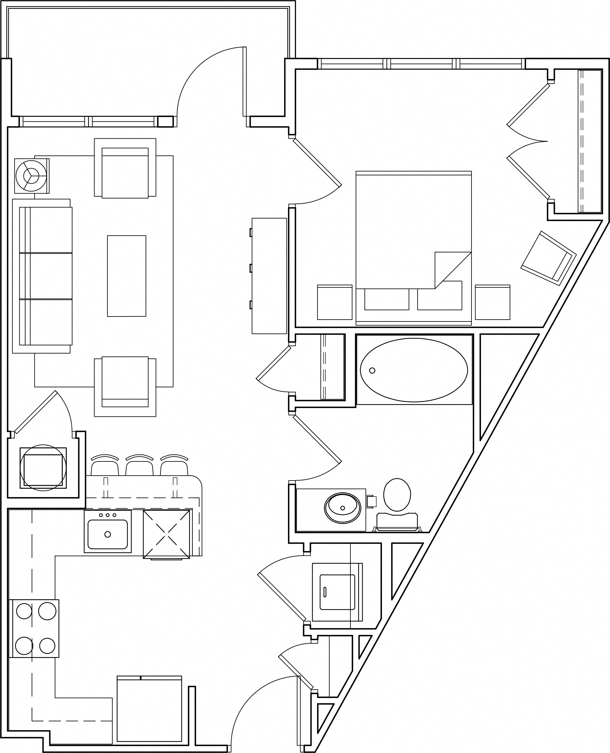 Floor plan for 1 bed, 1 bath, 618 sqft