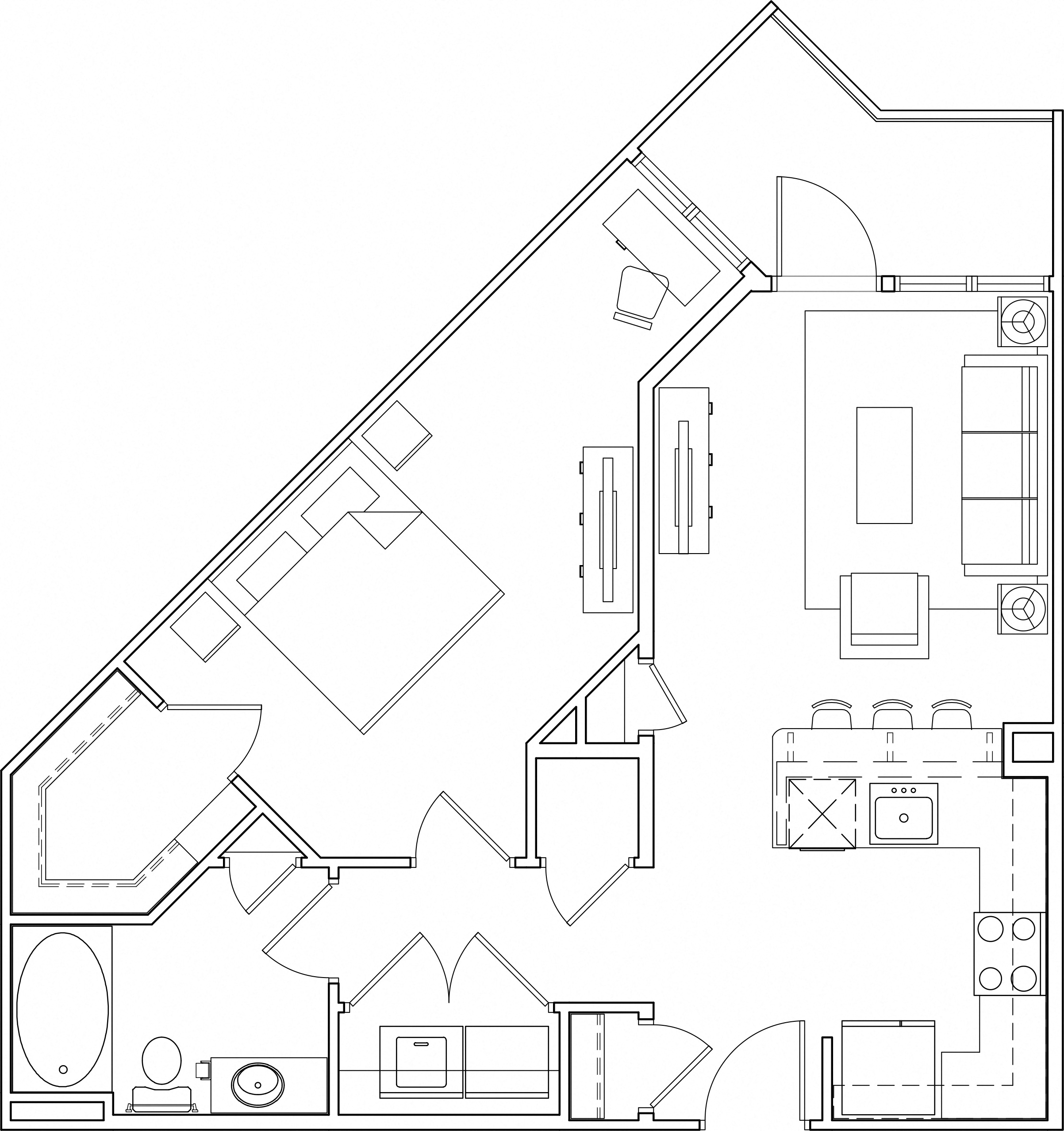 Floor plan for 1 bed, 1 bath, 730 sqft