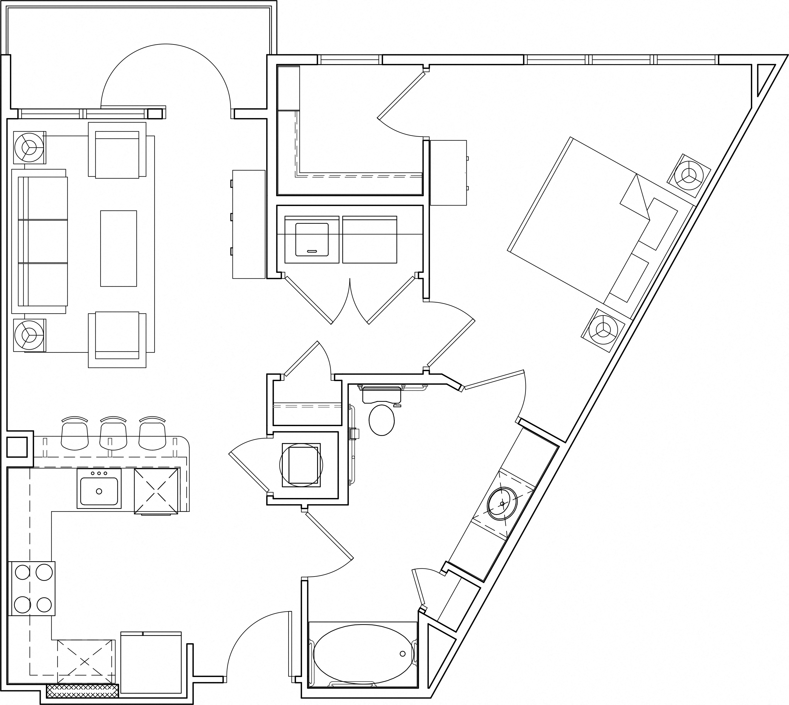 Floor plan for 1 bed, 1 bath, 804 sqft