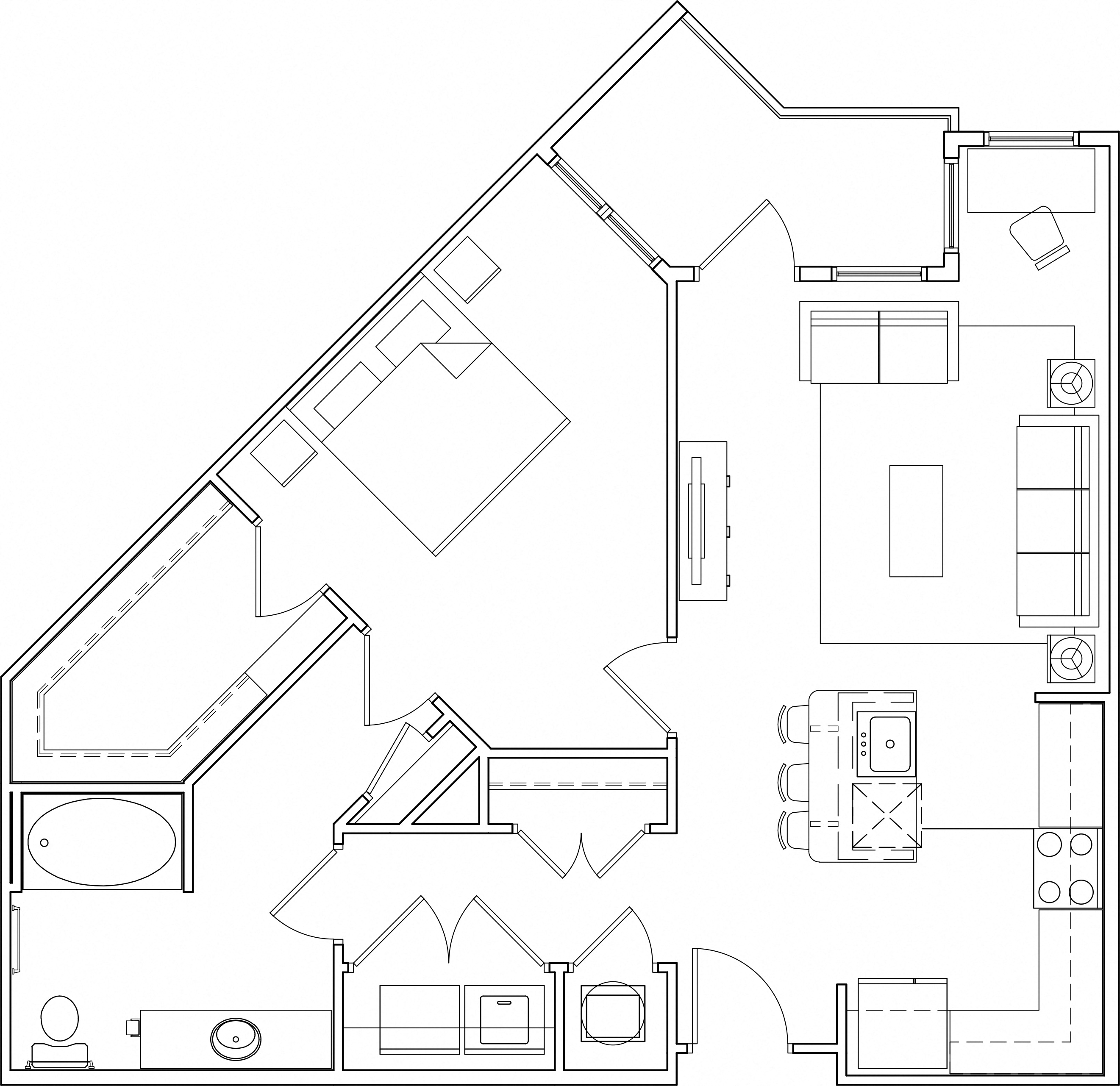Floor plan for 1 bed, 1 bath, 857 sqft