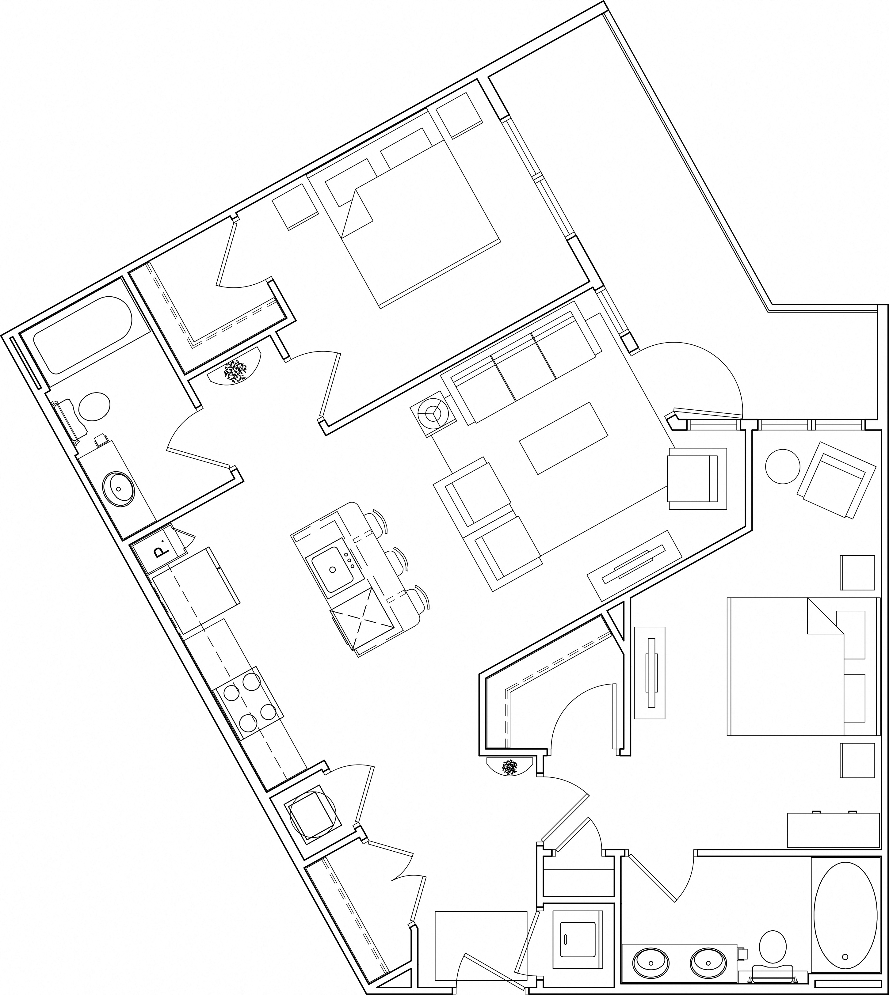 Floor plan for 2 beds, 2 baths, 1001 sqft
