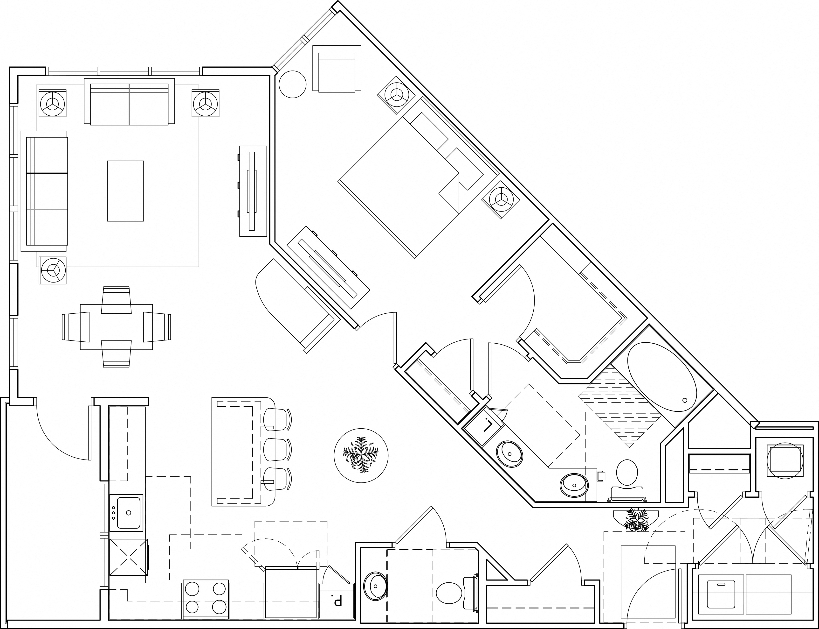 Floor plan for 1 bed, 1.5 baths, 1070 sqft