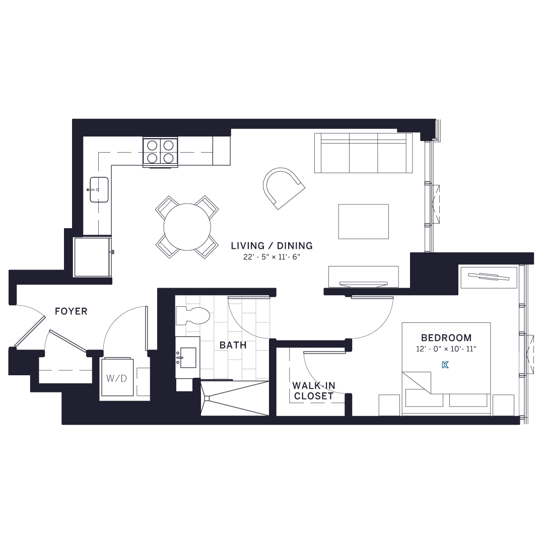 Floor plan for 1 bed, 1 bath, 667 sqft