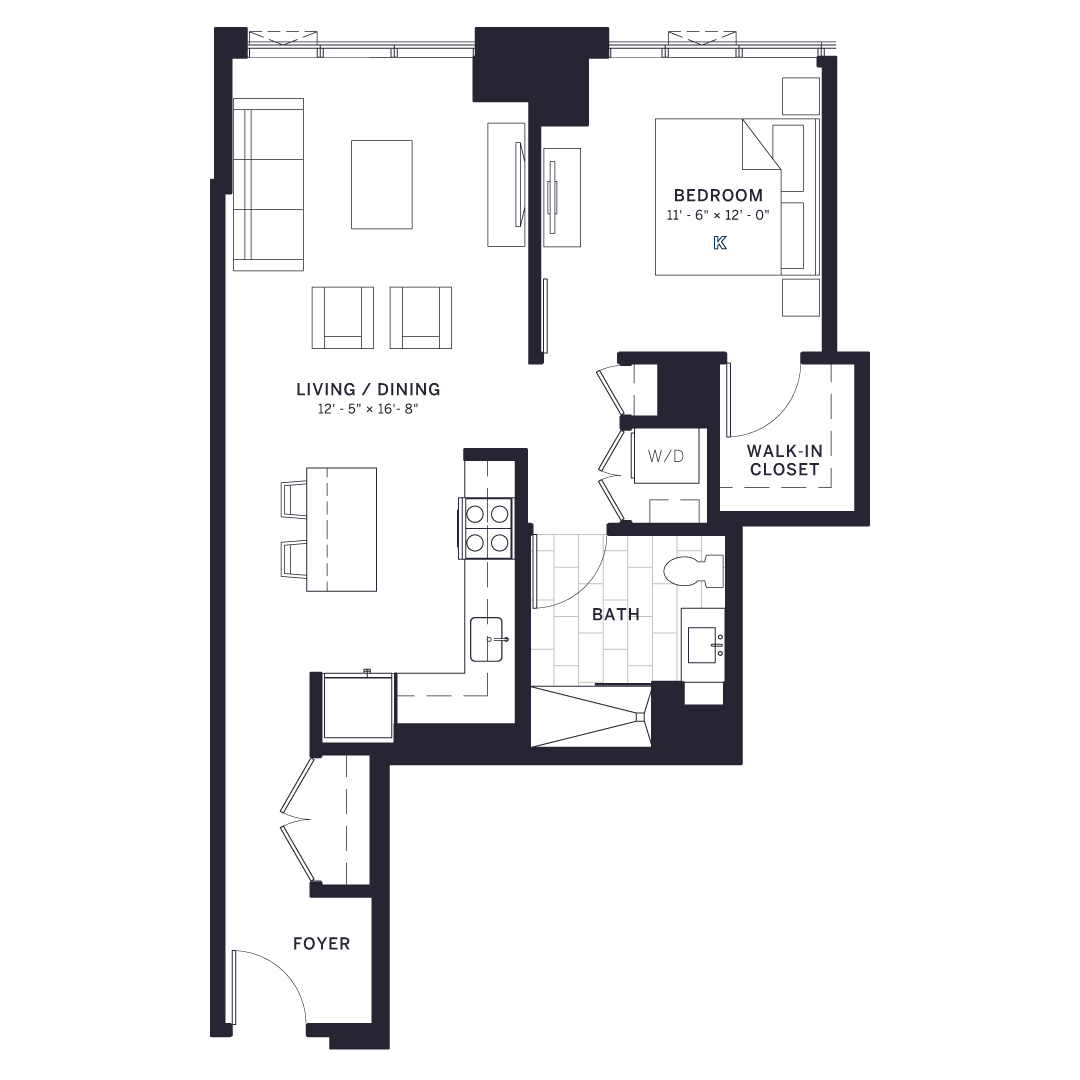 Floor plan for 1 bed, 1 bath, 766 sqft