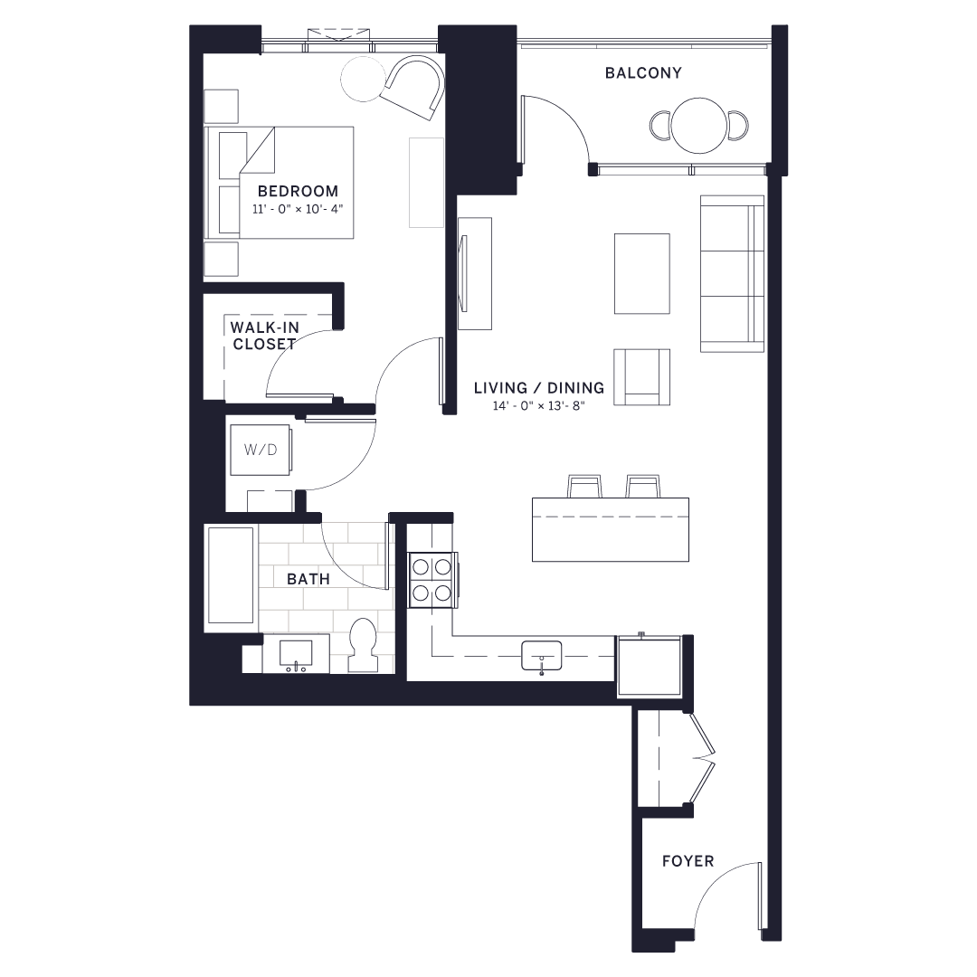 Floor plan for 1 bed, 1 bath, 768 sqft
