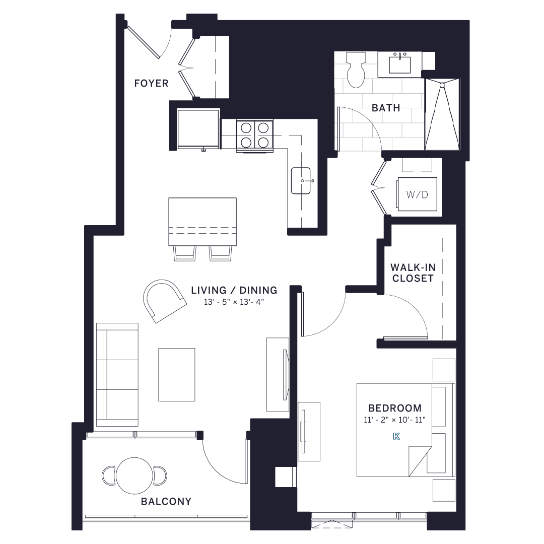 Floor plan for 1 bed, 1 bath, 775 sqft