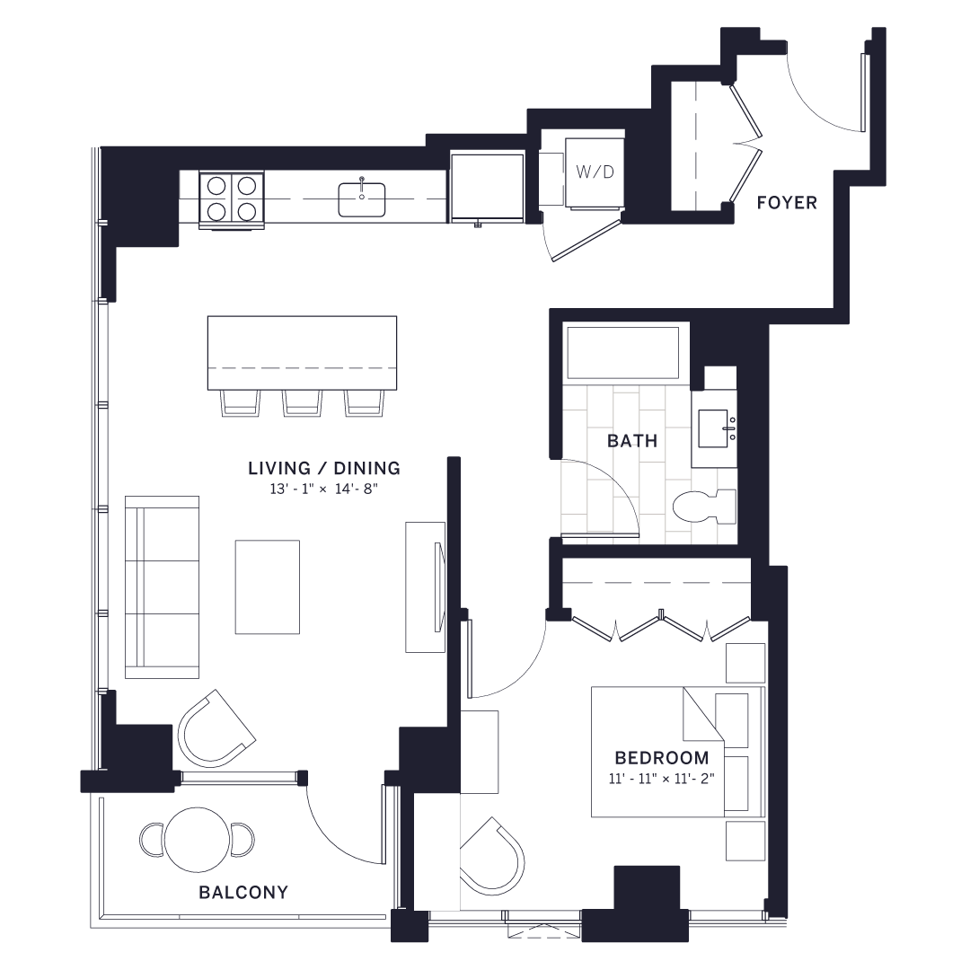 Floor plan for 1 bed, 1 bath, 777 sqft