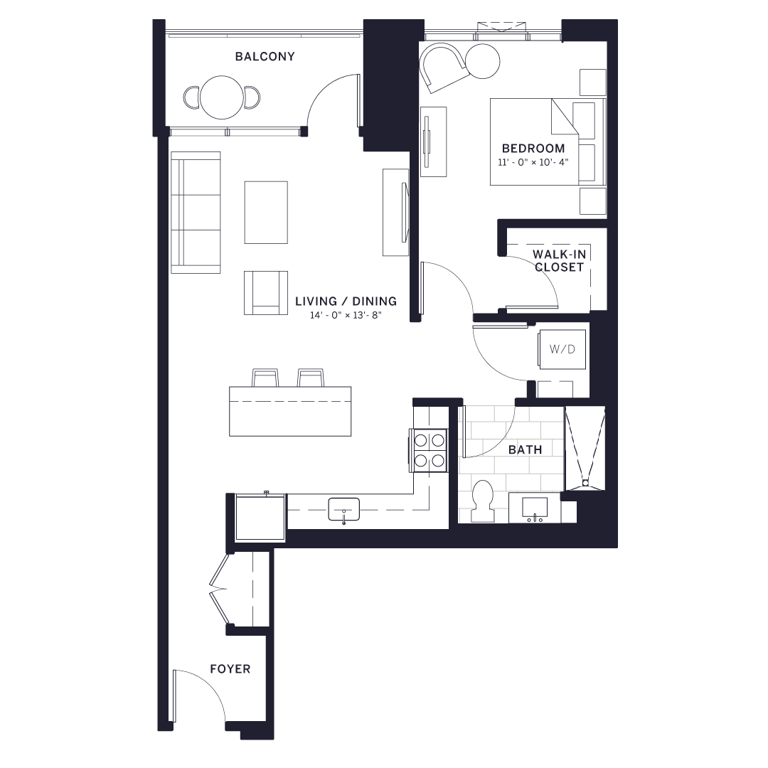 Floor plan for 1 bed, 1 bath, 777 sqft