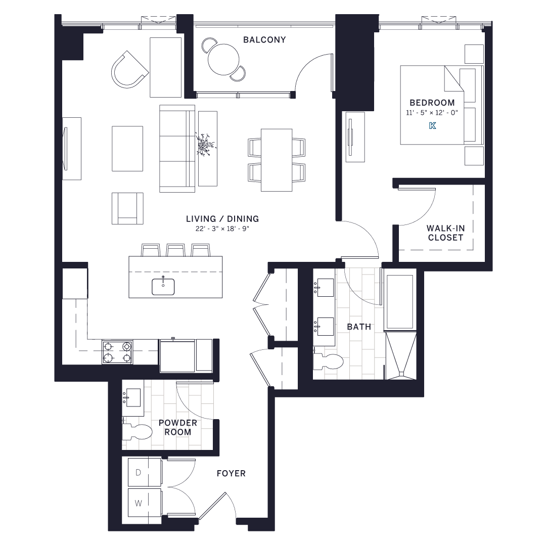 Floor plan for 1 bed, 1.5 baths, 1058 sqft