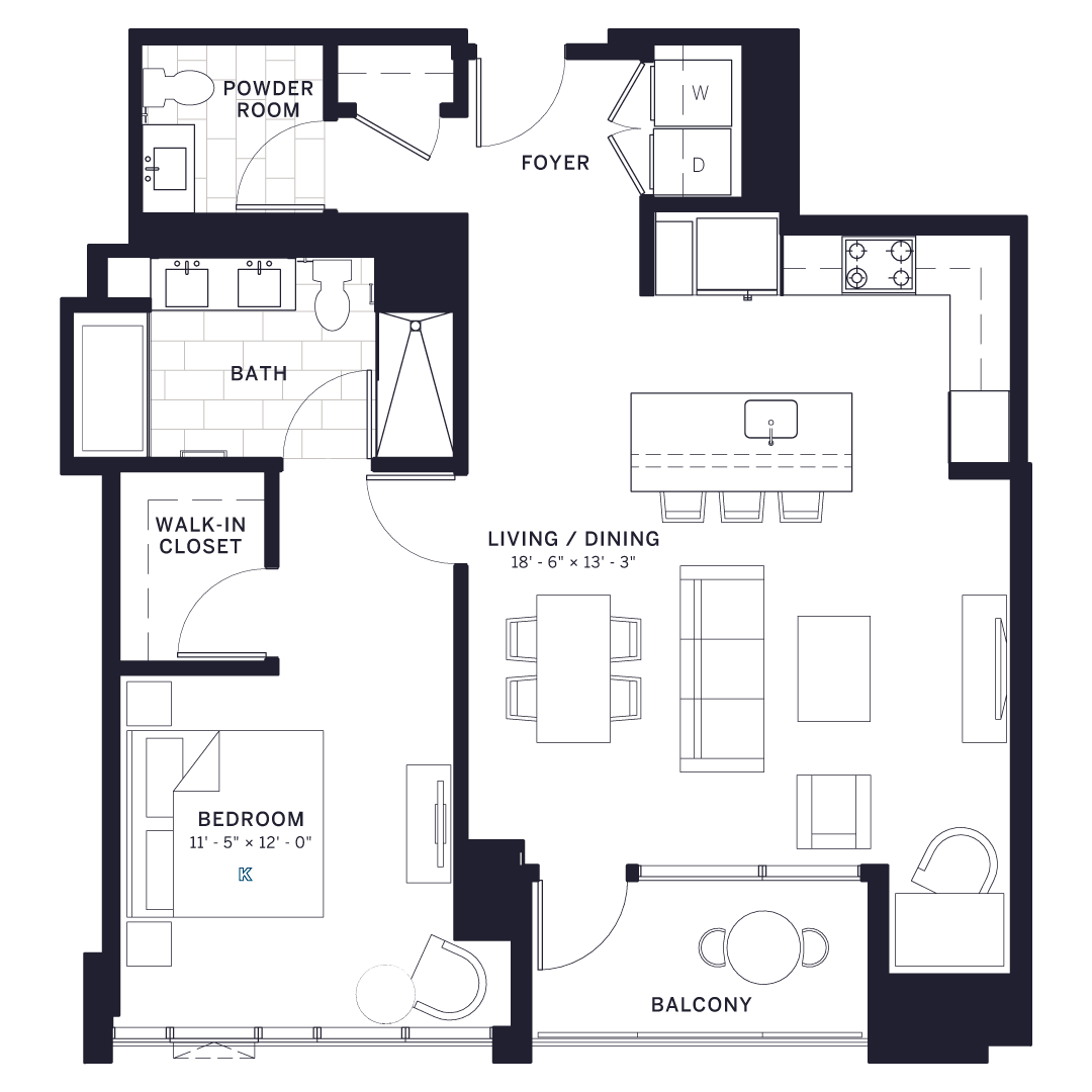 Floor plan for 1 bed, 1.5 baths, 982 sqft