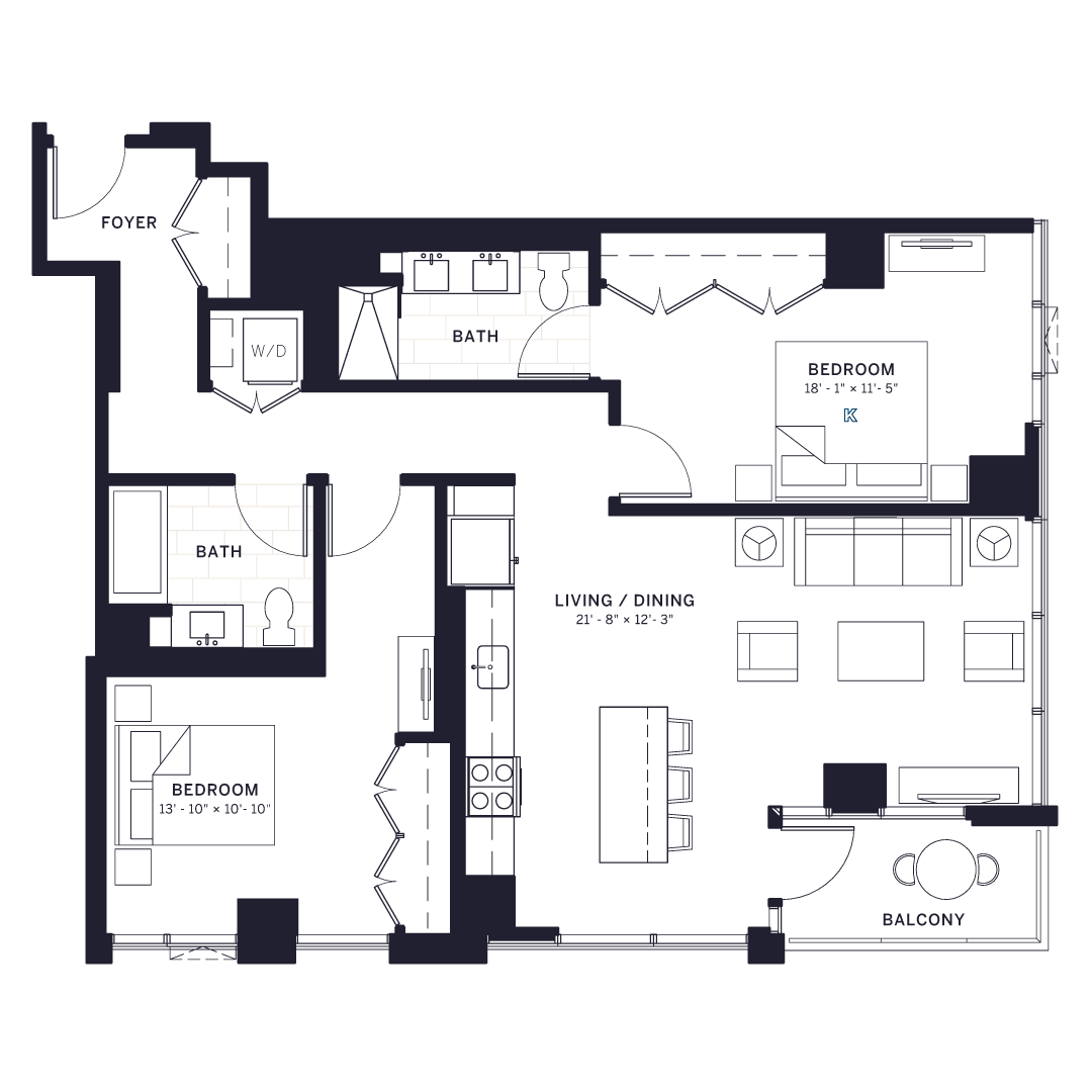 Floor plan for 2 beds, 2 baths, 1208 sqft