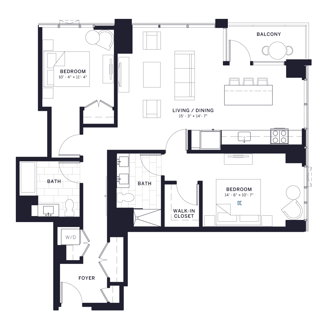 Floor plan for 2 beds, 2 baths, 1184 sqft
