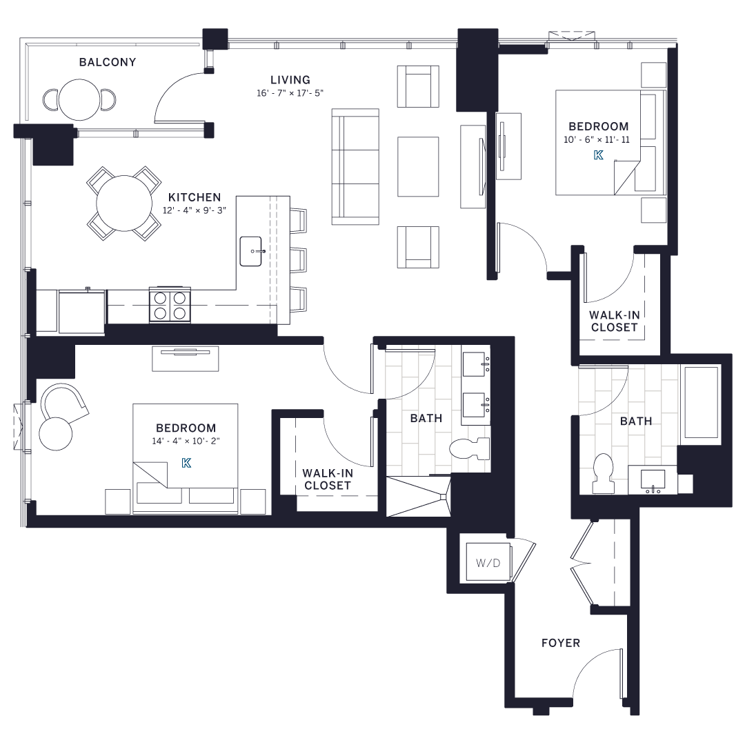 Floor plan for 2 beds, 2 baths, 1215 sqft