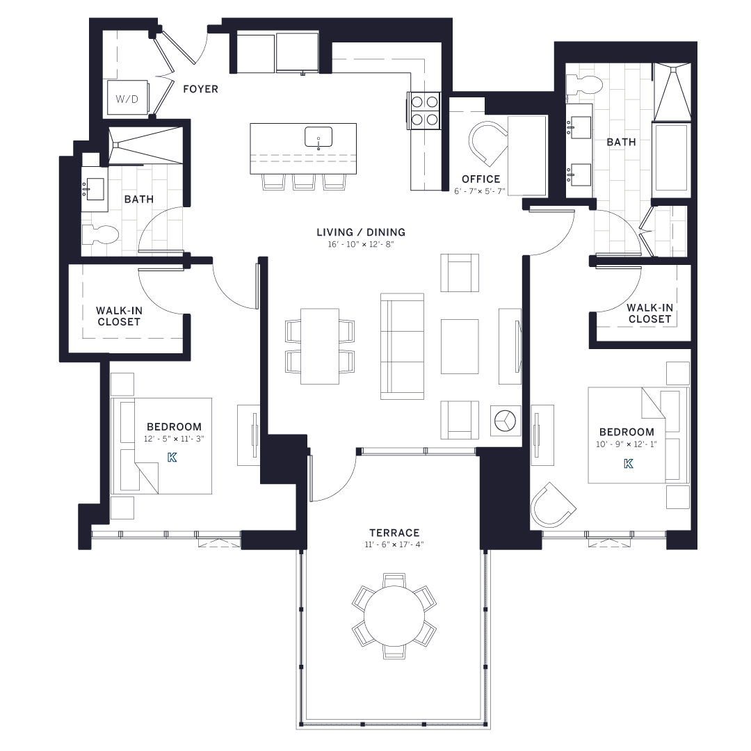 Floor plan for 2 beds, 2 baths, 1287 sqft