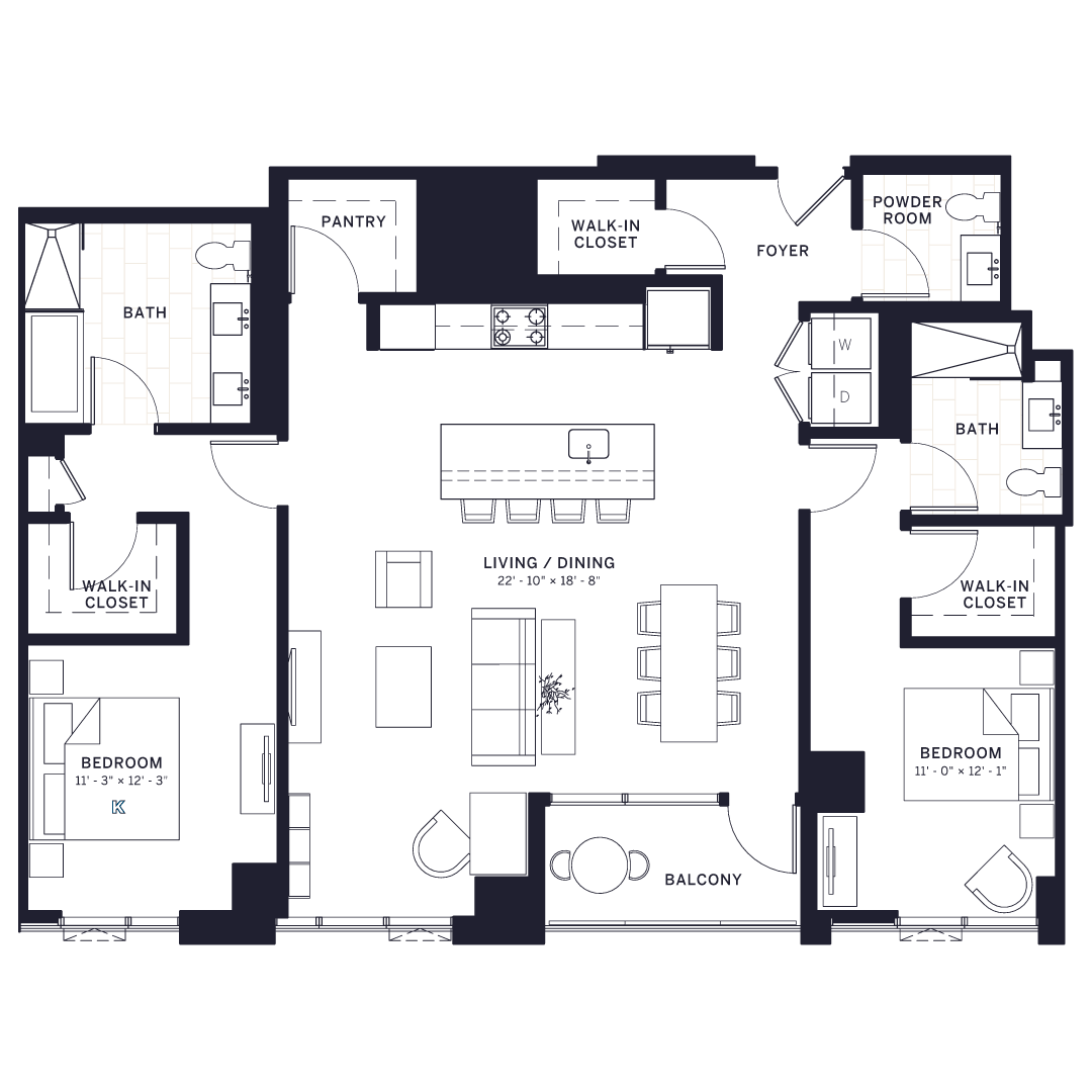Floor plan for 2 beds, 2.5 baths, 1521 sqft