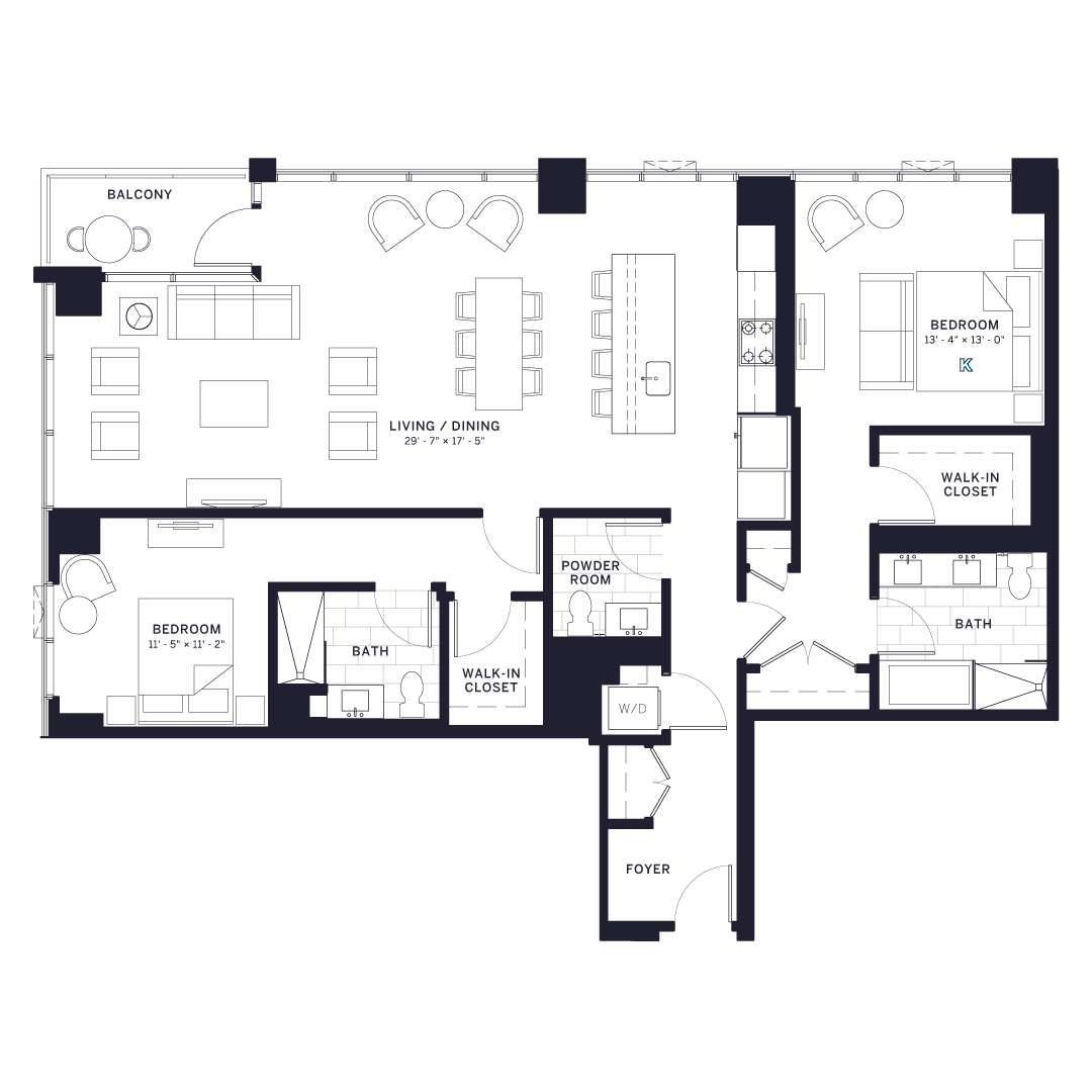 Floor plan for 2 beds, 2.5 baths, 1596 sqft