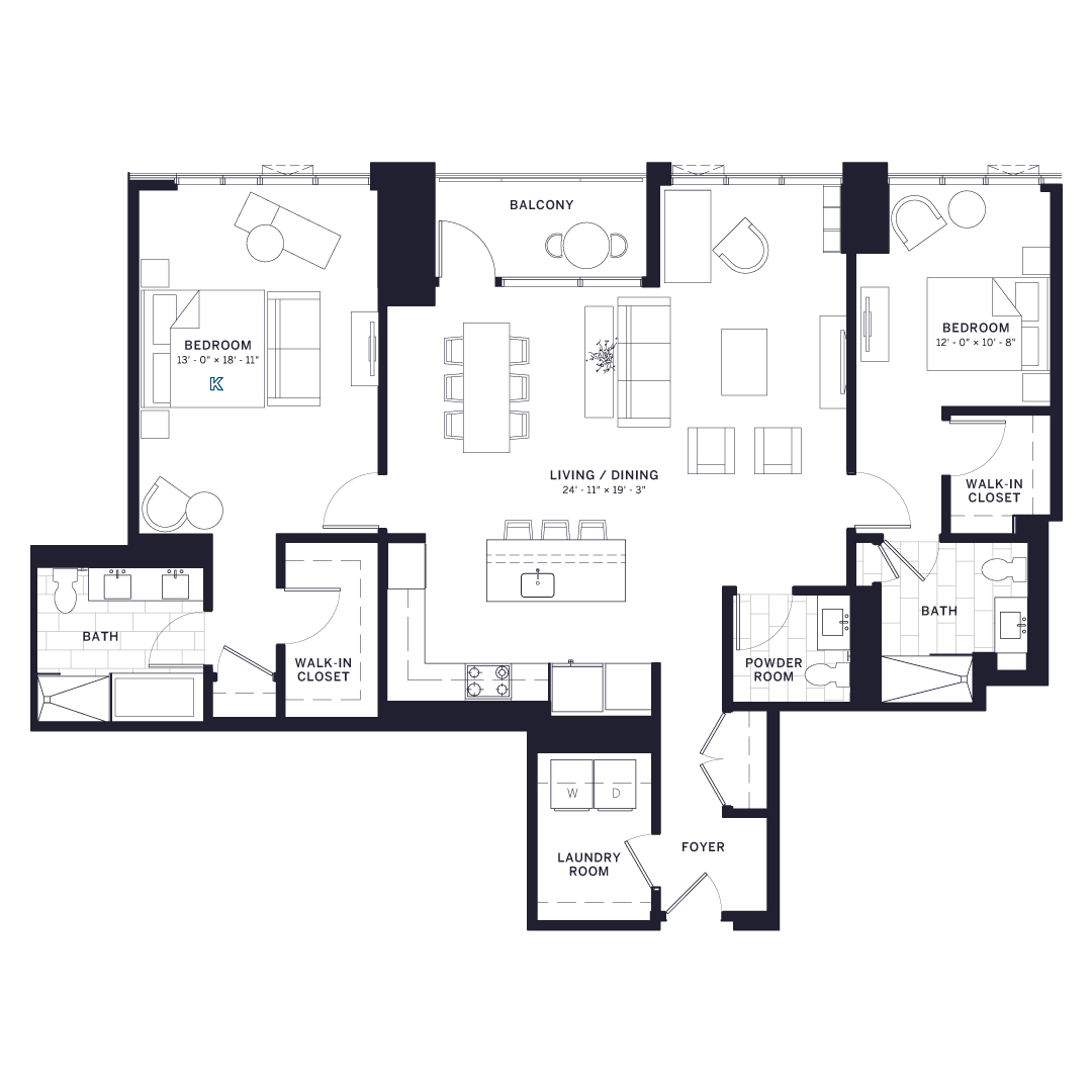 Floor plan for 2 beds, 2.5 baths, 1596 sqft