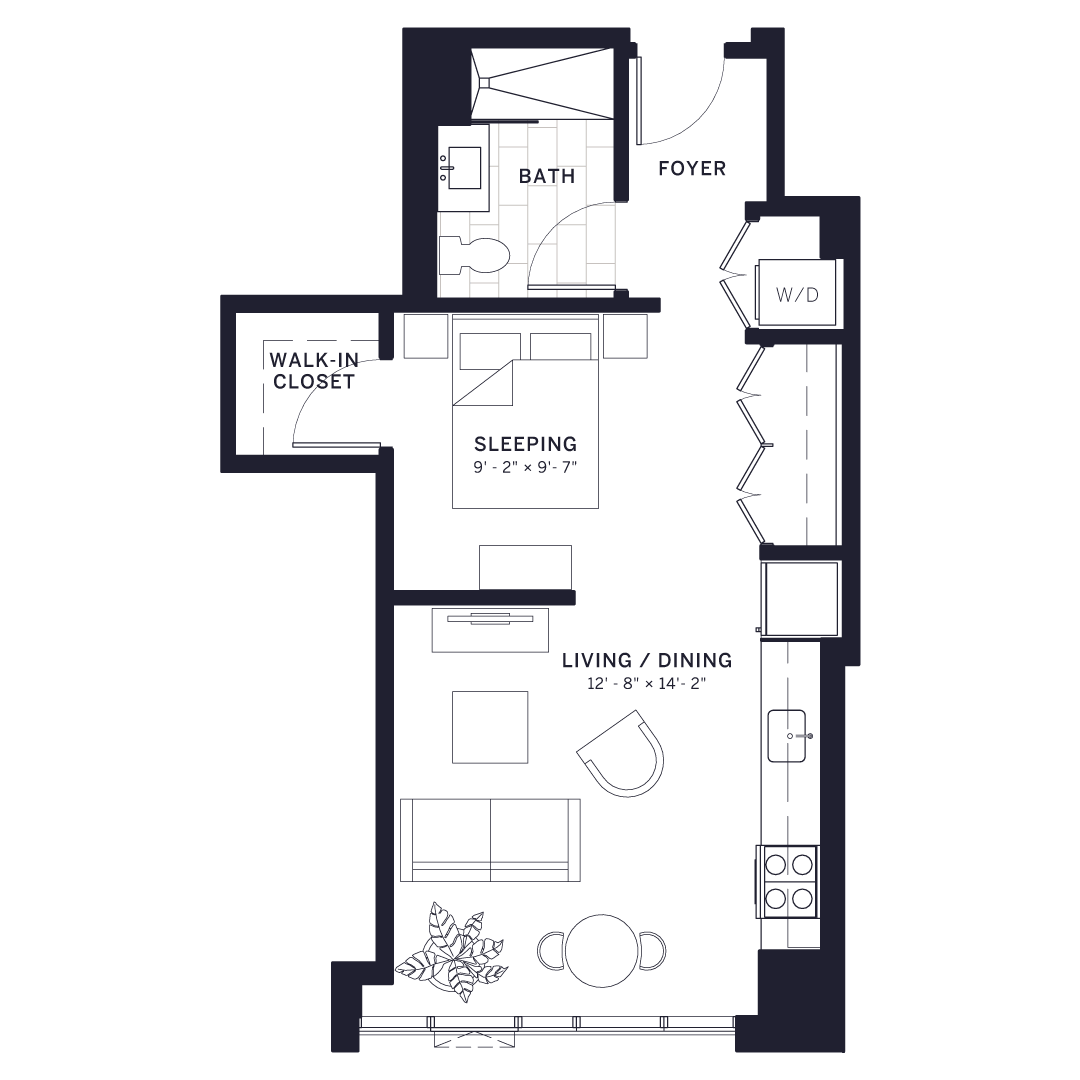 Floor plan for 1 bed, 1 bath, 558 sqft