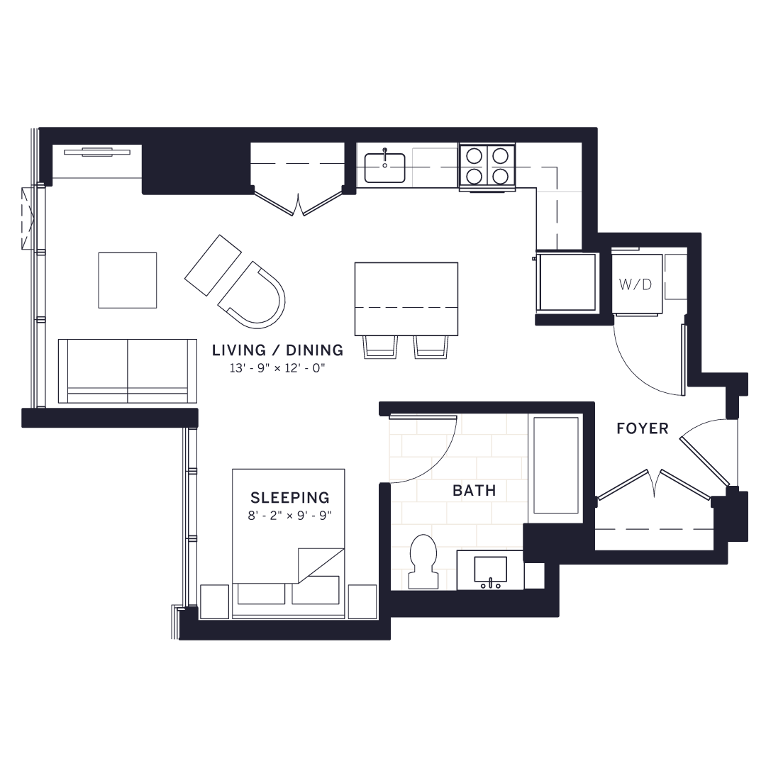 Floor plan for 1 bed, 1 bath, 564 sqft