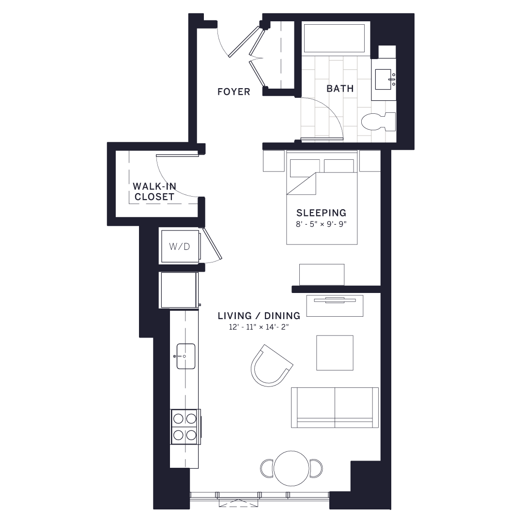 Floor plan for 1 bed, 1 bath, 570 sqft