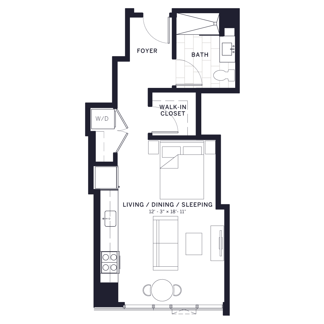 Floor plan for studio, 1 bath, 490 sqft