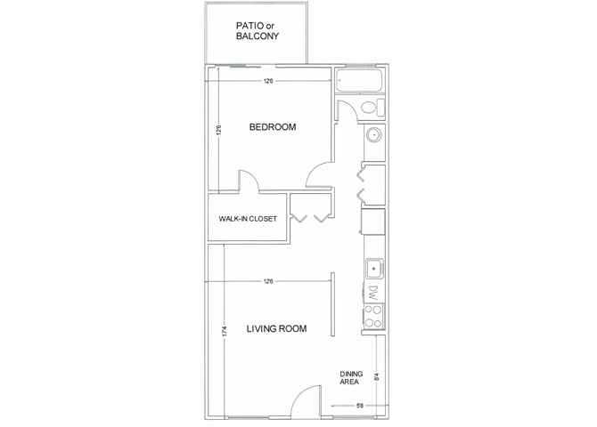 Floor plan for 1 bed, 1 bath, 630 sqft