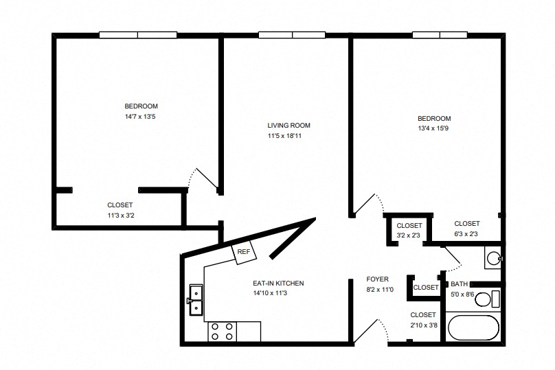 Floor plan for 2 beds, 1 bath, 950 sqft