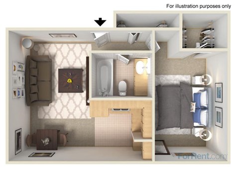 Floor plan for 1 bed, 1 bath, 580 sqft
