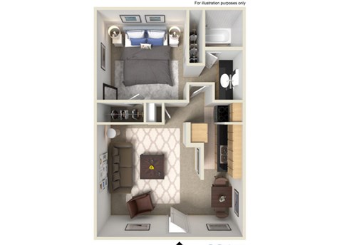Floor plan for 1 bed, 1 bath, 630 sqft