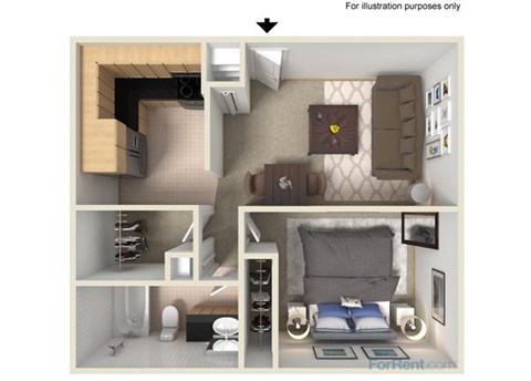 Floor plan for 1 bed, 1 bath, 750 sqft