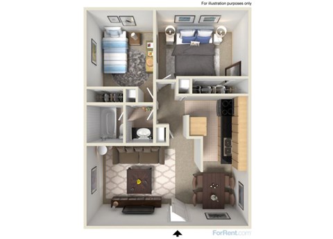 Floor plan for 2 beds, 1 bath, 770 sqft