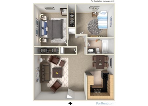 Floor plan for 2 beds, 1 bath, 830 sqft