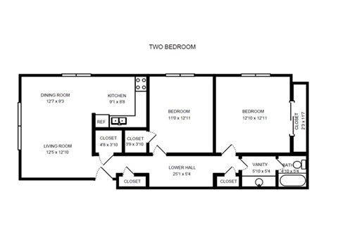 Floor plan for 2 beds, 1 bath, 950 sqft