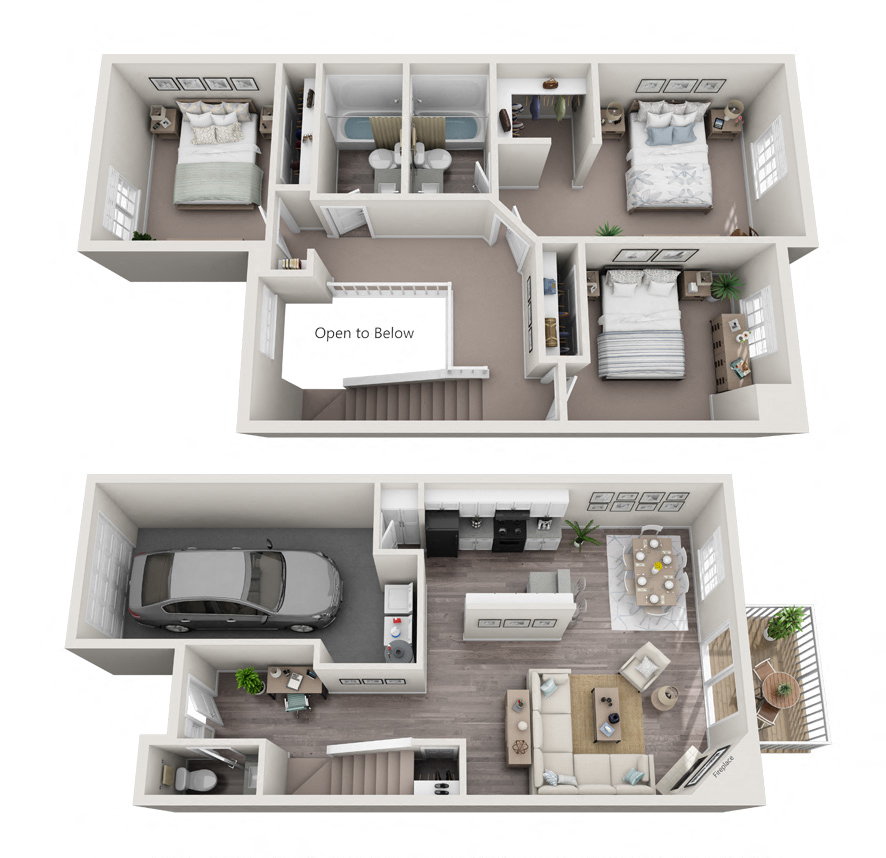 Floor plan for 3 beds, 2.5 baths, 1345 sqft