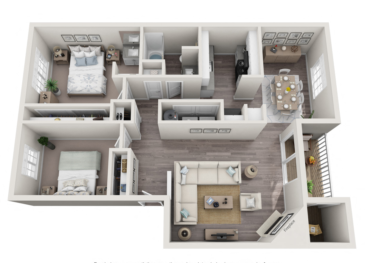 Floor plan for 2 beds, 1 bath, 985 sqft