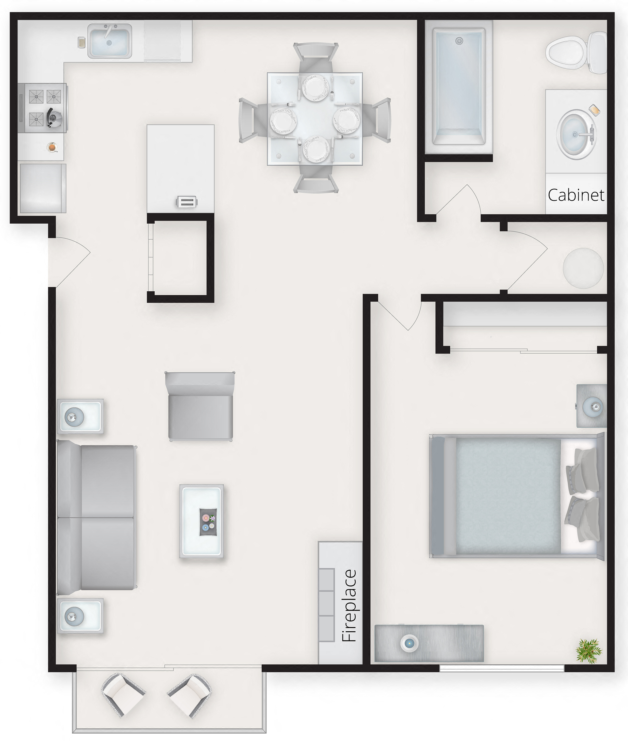 Floor plan for 1 bed, 1 bath, 720 sqft