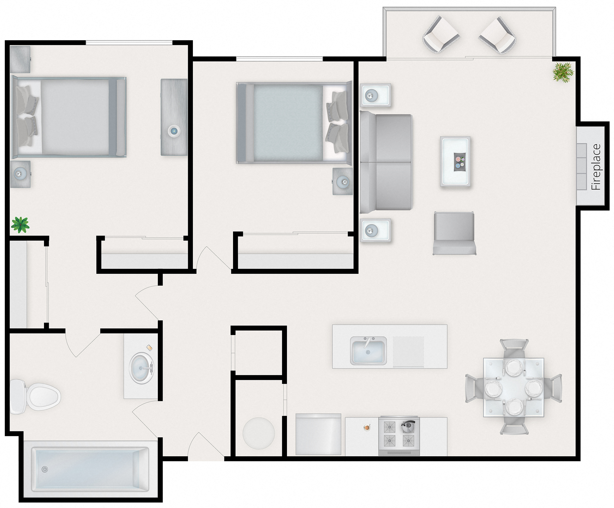 Floor plan for 2 beds, 1 bath, 960 sqft