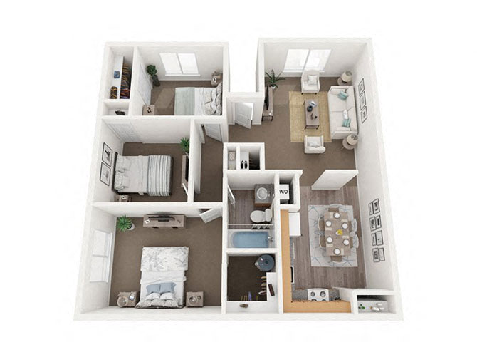 Floor plan for 3 beds, 1 bath, 900 sqft