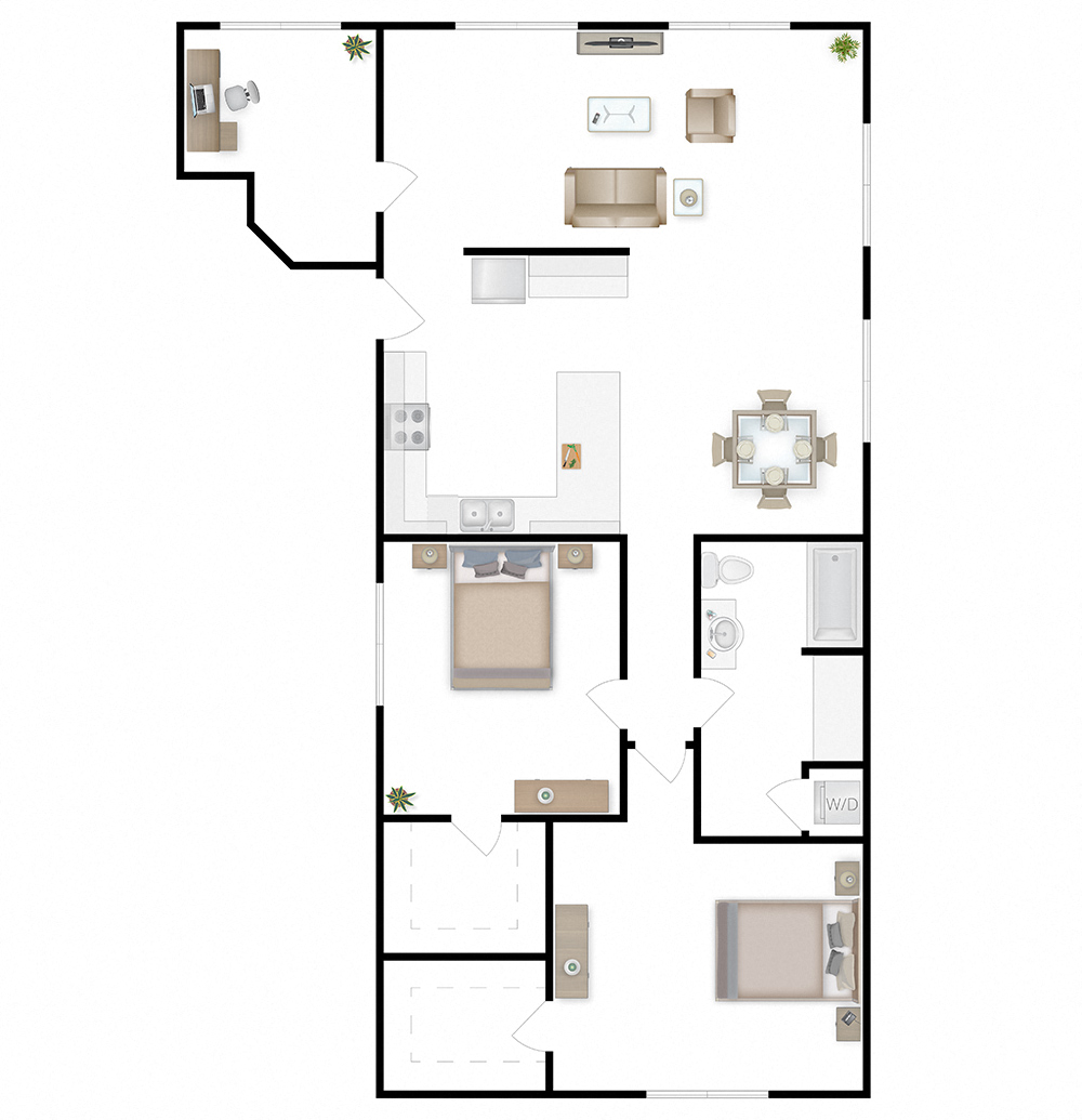 Floor plan for 2 beds, 1 bath, 1300 sqft