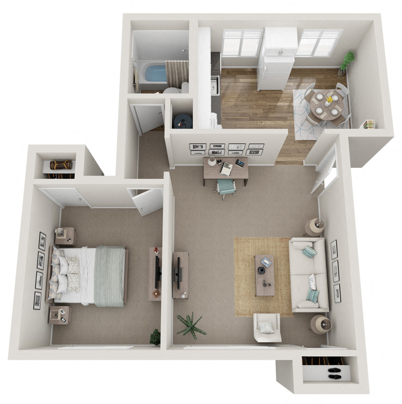 Floor plan for 1 bed, 1 bath, 750 sqft