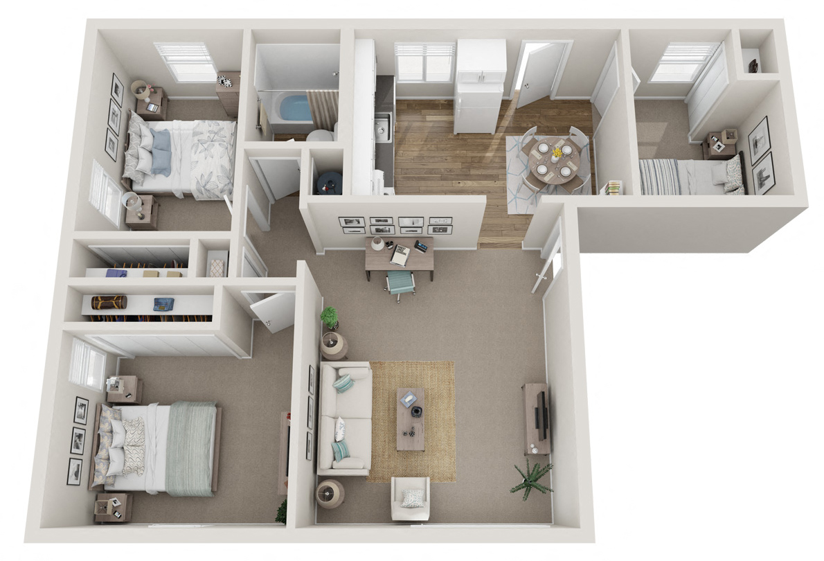 Floor plan for 3 beds, 1 bath, 950 sqft