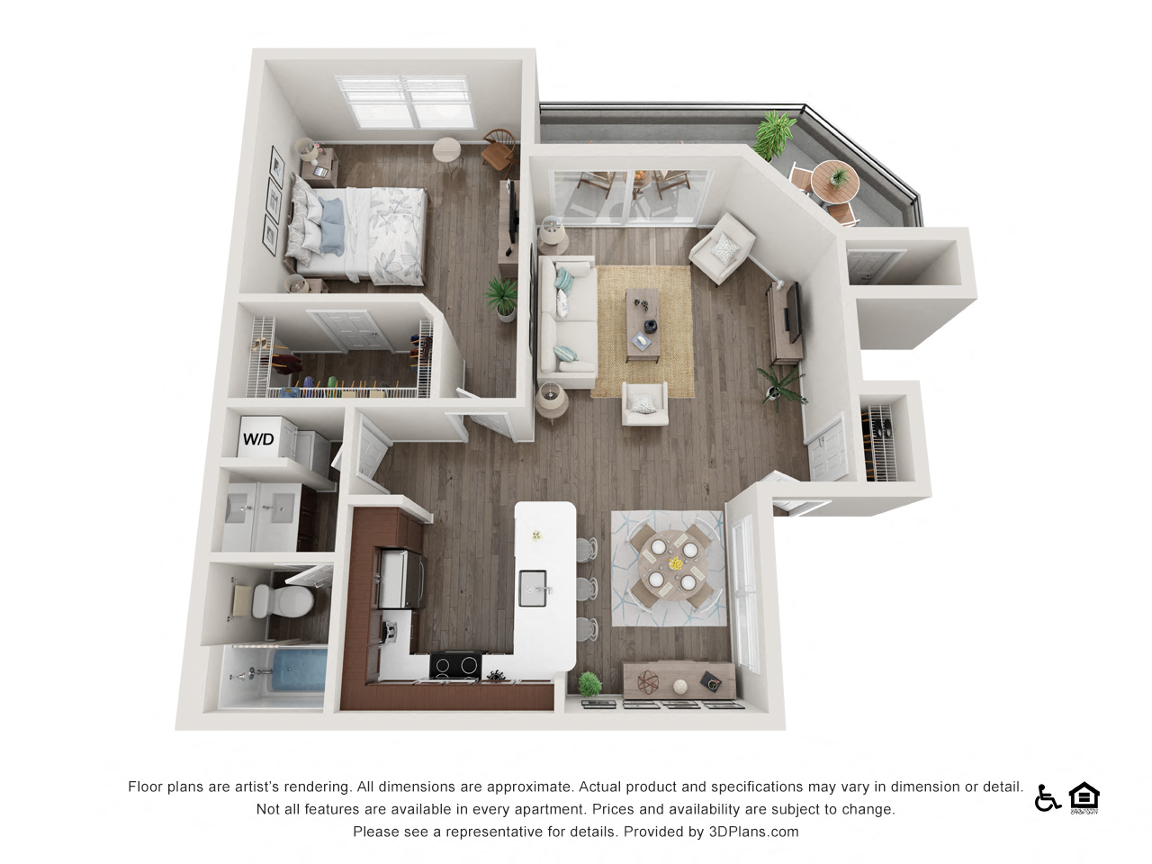 Floor plan for 1 bed, 1 bath, 683 sqft