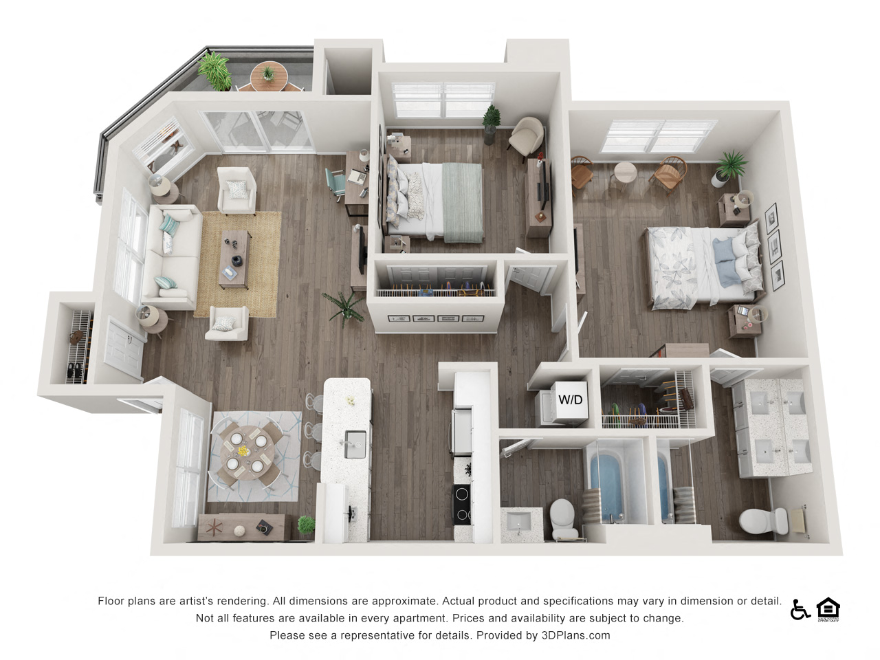 Floor plan for 2 beds, 2 baths, 950 sqft