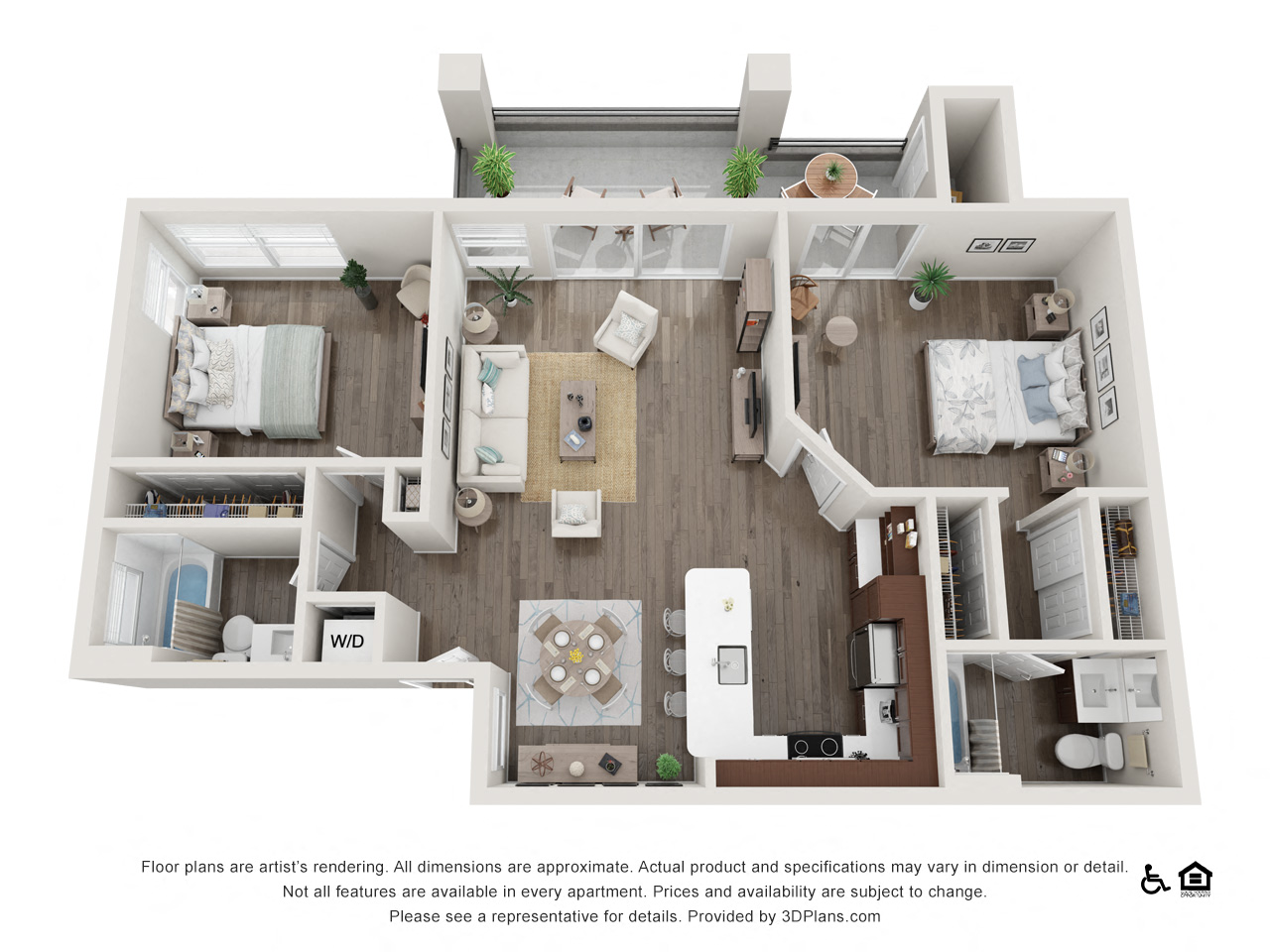 Floor plan for 2 beds, 2 baths, 983 sqft