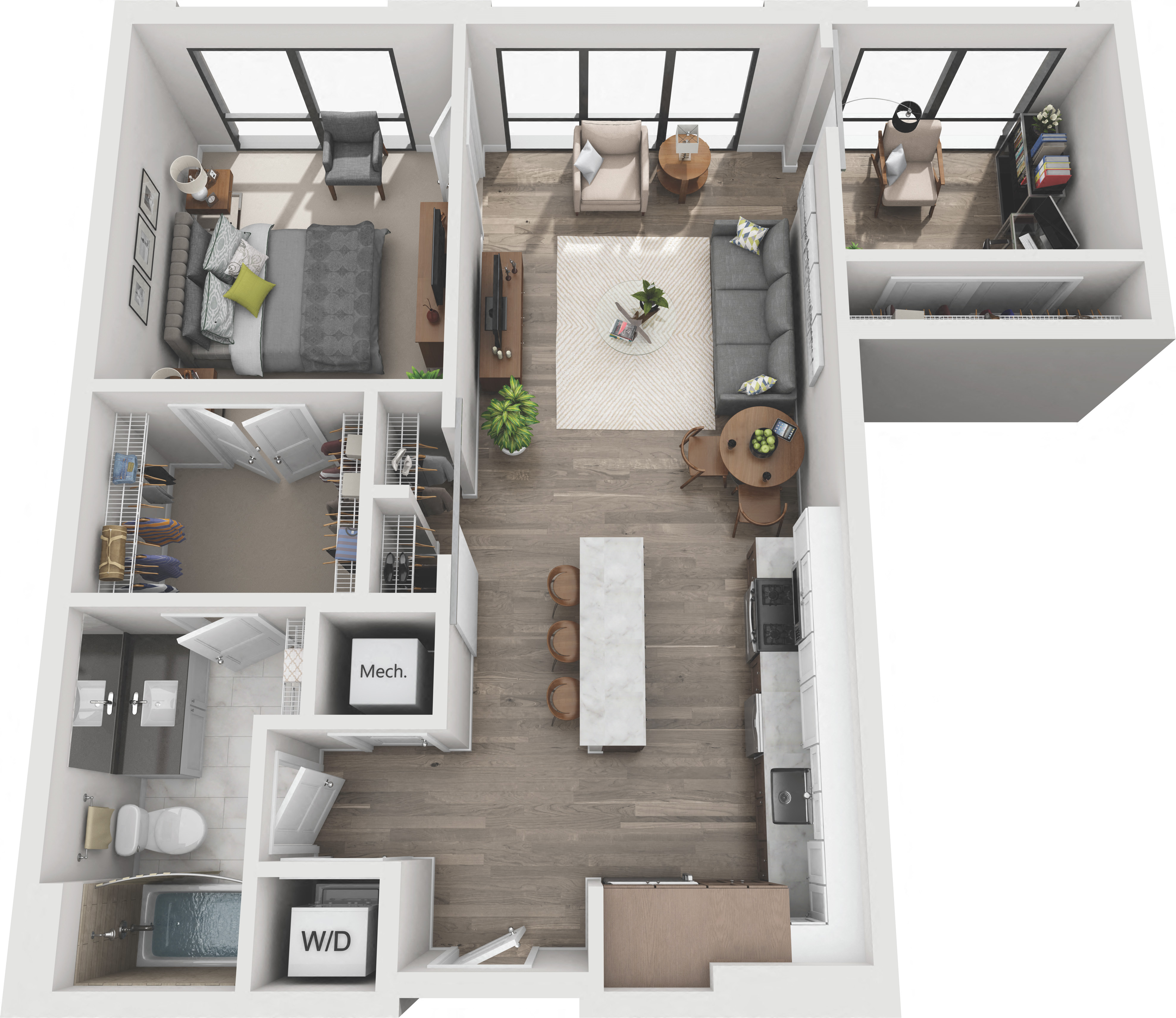 Floor plan for 1 bed, 1 bath, 845 sqft