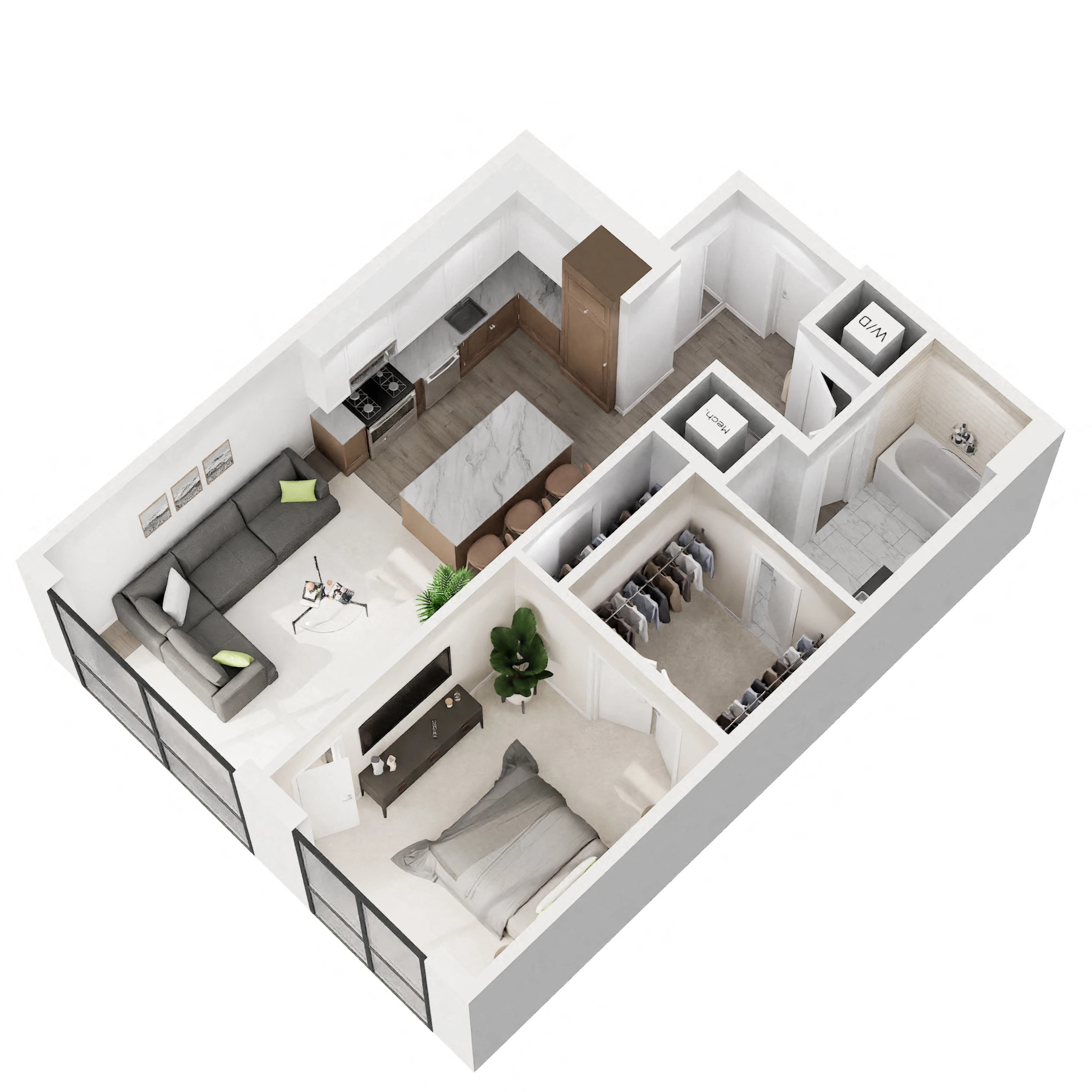 Floor plan for 1 bed, 1 bath, 737 sqft