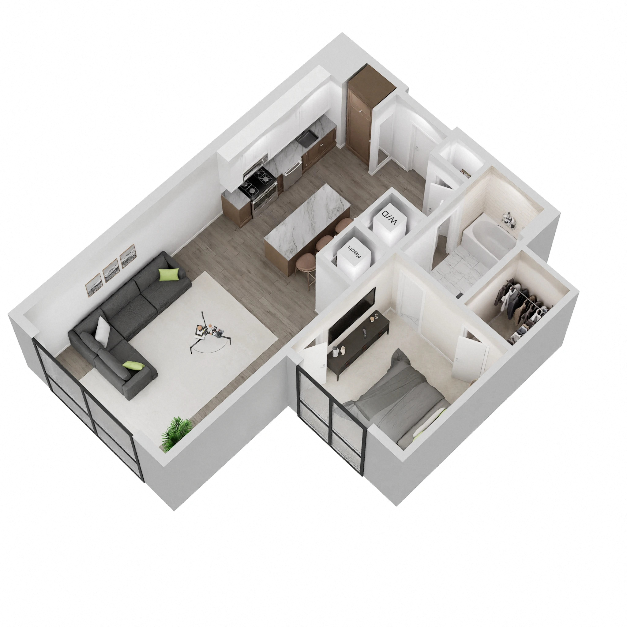 Floor plan for 1 bed, 1 bath, 753 sqft