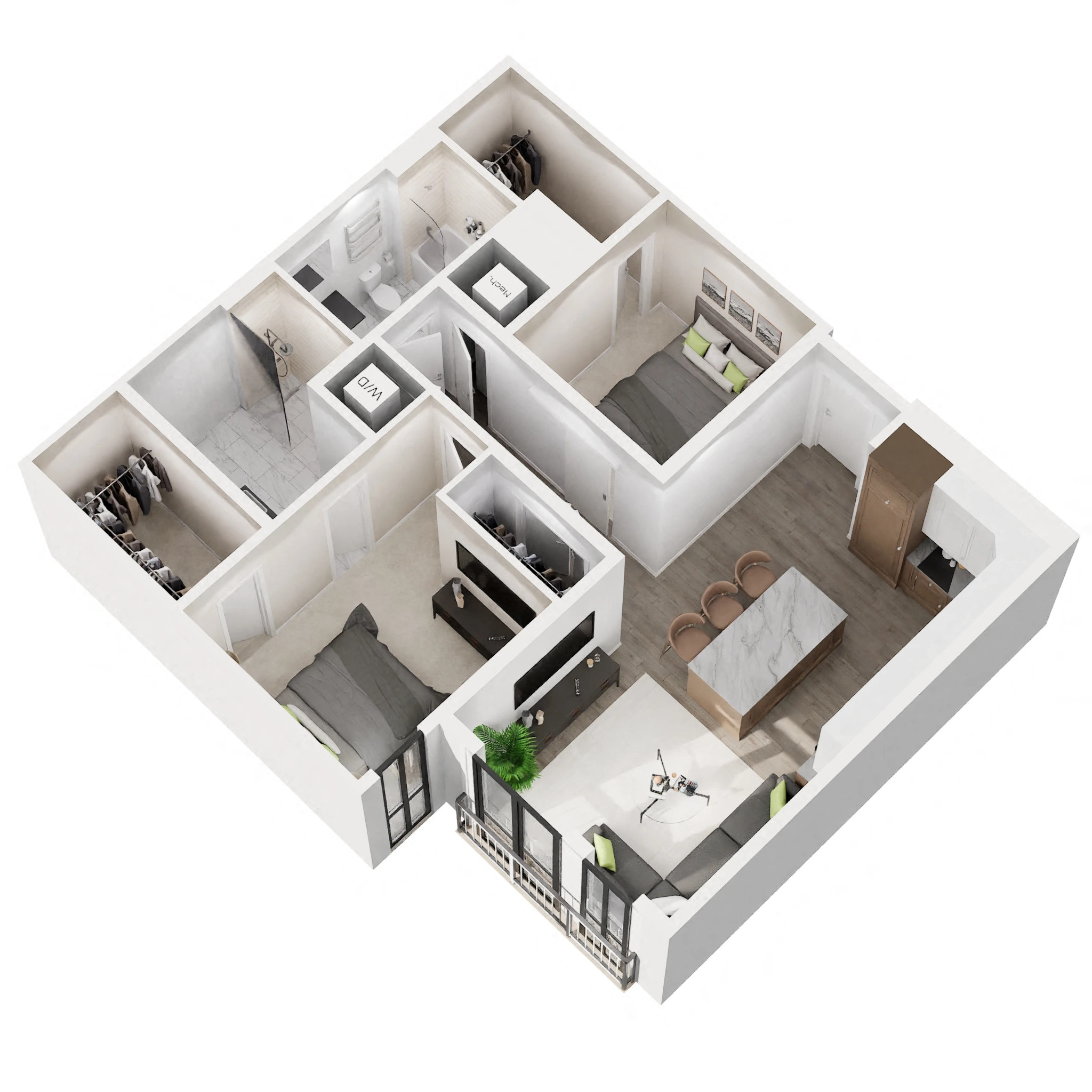 Floor plan for 1 bed, 2 baths, 1012 sqft