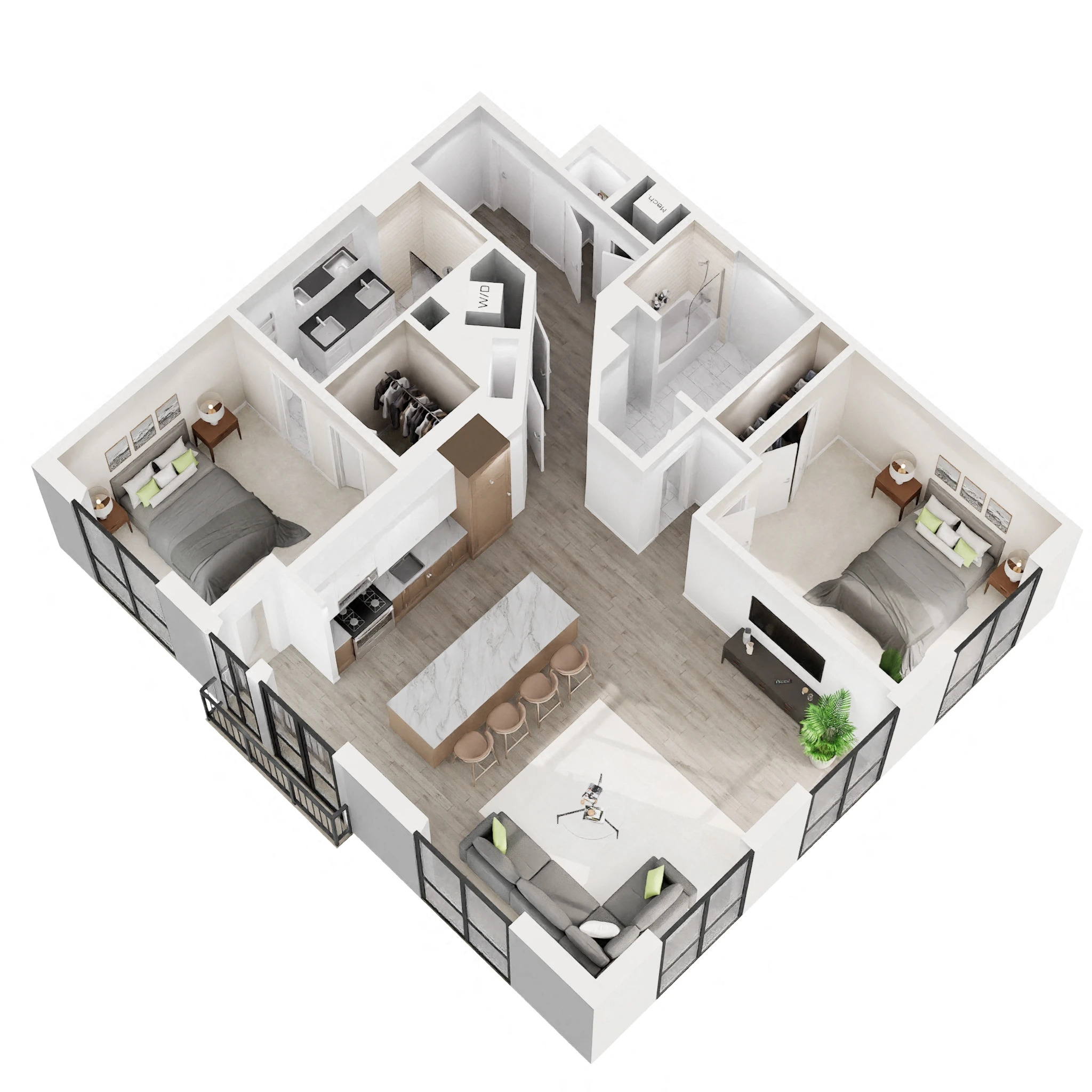 Floor plan for 2 beds, 2 baths, 1263 sqft