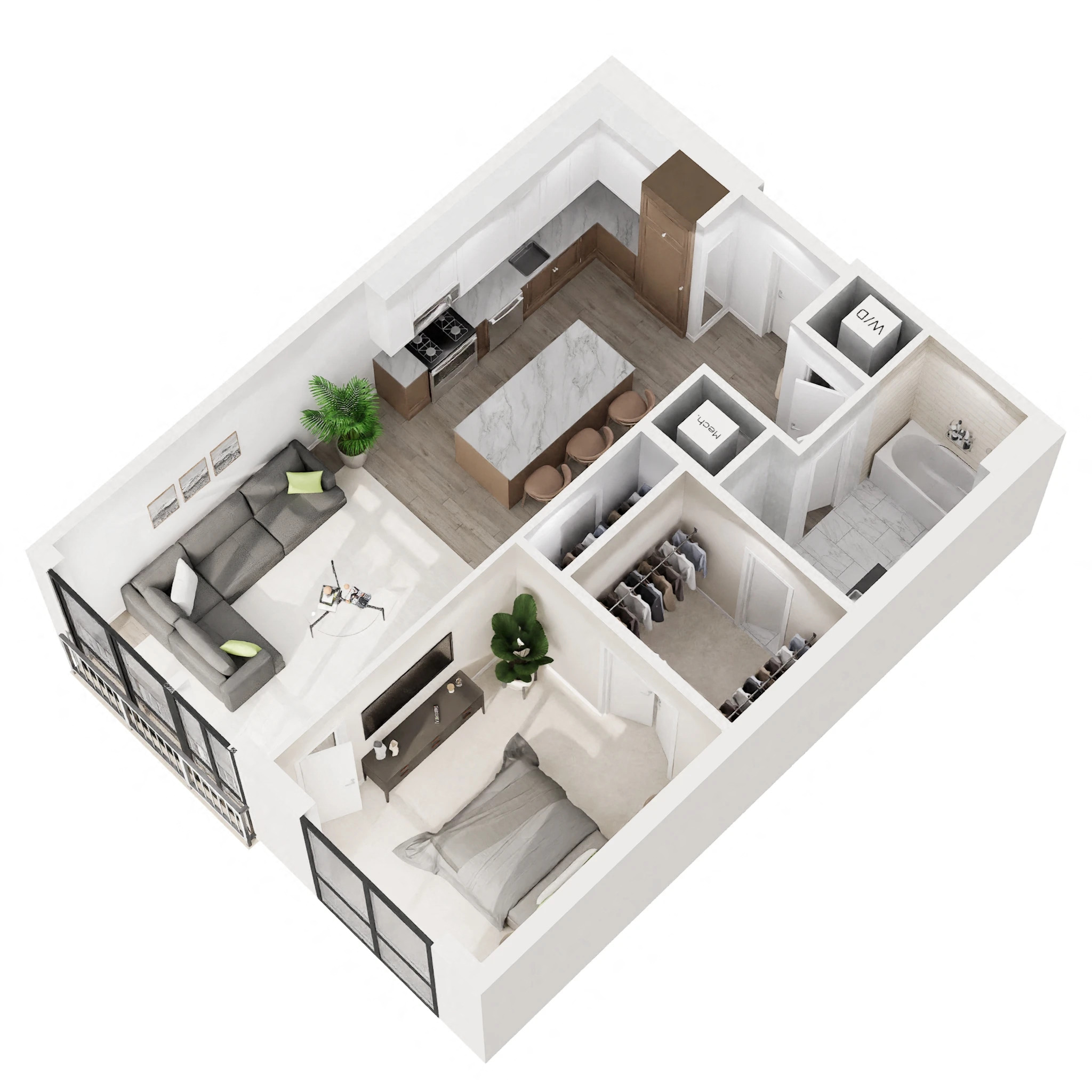 Floor plan for 1 bed, 1 bath, 734 sqft
